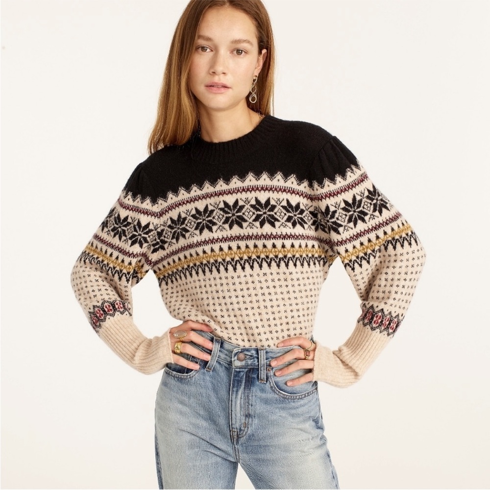 Fair Isle Sweater Puff Sleeve Crewneck Merino Wool Alpaca Preppy Small Cabincore - Picture 11 of 11